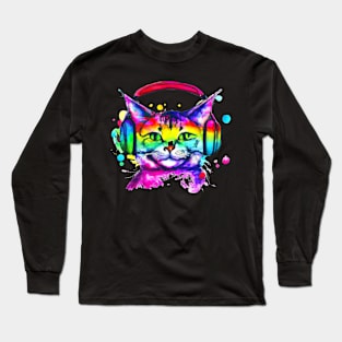 Happy Cat With Headphones Long Sleeve T-Shirt